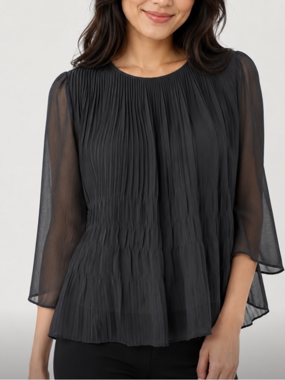 Ted baker london sew in love black pleated flowy blouse sheer sleeves sz 4/6